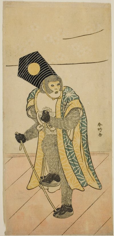 O ator Ichimura Uzaemon IX como macaco na peça Mitsu Ningyo Yayoi no Hinagata, representada no Teatro Nakamura no segundo mês de 1785 de Katsukawa Shunkо̄