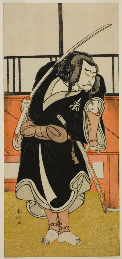 O ator Nakamura Nakazo I como Aso no Matsuwaka () na peça Iro Moyo Aoyagi Soga (), representada no Teatro Nakamura () no segundo mês de 1775 () de Katsukawa Shunkо̄