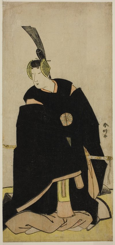 O ator Nakamura Tomijuro I como Taira no Masakado disfarçado de Otomo no Kuronushi () ou Sugawara Micihizane () na peça Shida Yuzuriha Horai Soga () ou Sugawara Denju Tenarai Kagami (), representada no Teatro Morita () no primeiro ou quinto mês de Katsukawa Shunkо̄
