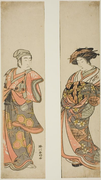 O ator Nakamura Tomijuro I como cortesã (à direita) e Sawamura Sojuro III como Oyamada Taro () disfarçado de Tarosaku da aldeia de Oyamada (à esquerda) na peça "Azuma no Mori Sakae Kusunoki", representada no Teatro Ichimura no décimo primeiro mês de 1779 de Katsukawa Shunkо̄