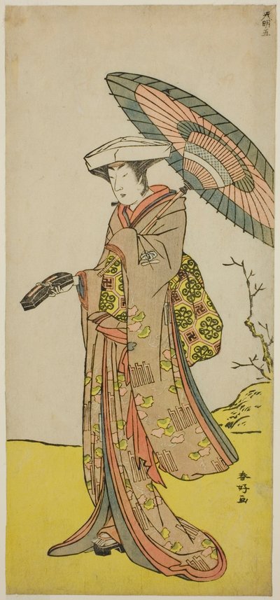 O ator Nakayama Kojuro VI como Chinzei Hachiro Tametomo disfarçado de Lady Hotoke (Hotoke Gozen) na peça Yukimotsu Take Furisode Genji, representada no Teatro Nakamura no décimo primeiro mês de 1785 de Katsukawa Shunkо̄