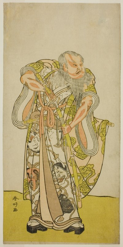 O ator Sakata Hangoro II como Hige no Ikyu na peça Shida Yakata Yotsugi no Hikibune, representada no Teatro Ichimura no quinto mês de 1782 de Katsukawa Shunkо̄