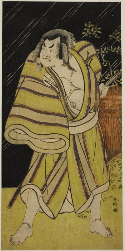 O ator Sakata Hangoro II como o lutador de sumo Kujaku Saburo Narihira () na peça Sugata no Hana Yuki no Kuronushi (), representada no Teatro Ichimura () no décimo primeiro mês de 1776 () de Katsukawa Shunkо̄