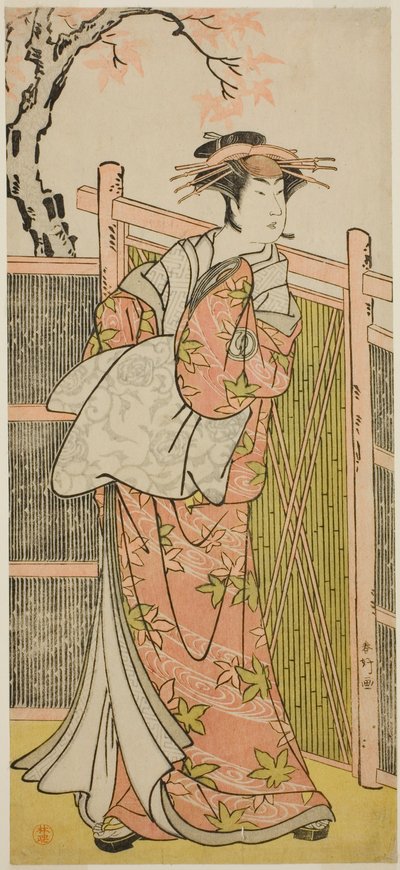 O ator Sawamura Sojuro III como o espírito da cortesã Takao na peça Takao Daimyojin Momiji no Tamagaki, representada no Teatro Nakamura no sétimo mês de 1787 de Katsukawa Shunkо̄