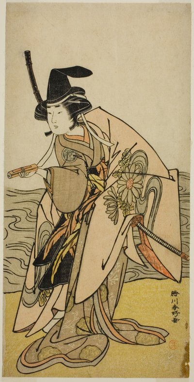 O ator Yamashita Kinsaku II como Lady Kikusui (Kikusui Gozen) na peça Kaeribana Eiyu Taiheiki, representada no Teatro Nakamura no décimo primeiro mês de 1779 de Katsukawa Shunkо̄
