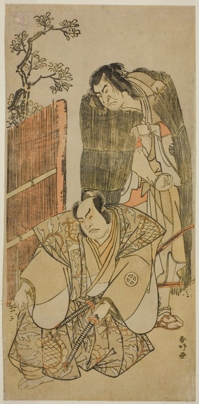 Os actores Nakamura Nakazo I como Kagekiyo vestido de mendigo (à direita), e Otani Hiroji III como Onio Shinzaemon (à esquerda), na peça Kotobuki Banzei Soga, representada no Teatro Ichimura no terceiro mês de 1783 de Katsukawa Shunkо̄