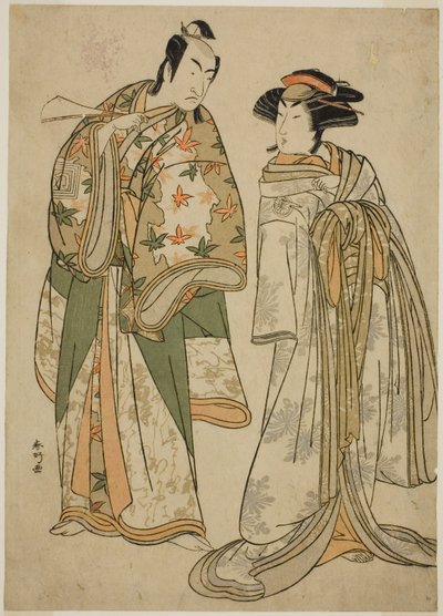 Os actores Segawa Kikunojo III como a cortesã Sumizome (à direita), e Ichikawa Monnosuke II como Goinosuke Yoshimine (à esquerda), na peça Juni-hitoe Komachi-zakura, representada no Teatro Kiri no décimo primeiro mês de 1784 de Katsukawa Shunkо̄