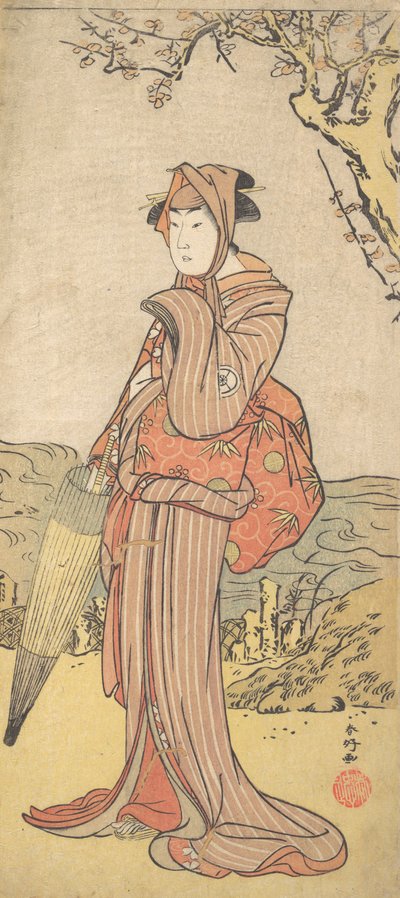 Iwai Kiyotaro como uma mulher em pé debaixo de uma ameixeira, ca. 1788. de Katsukawa Shunko