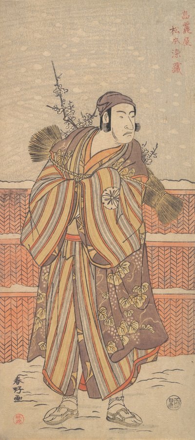 Matsumoto Sumezo como um homem em traje de inverno em pé na neve, ca. 1785-90. de Katsukawa Shunko