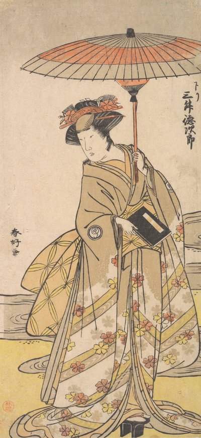Mimasu Tokujuro como uma mulher em pé perto de um riacho sinuoso, ca. 1780. de Katsukawa Shunko
