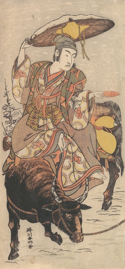 O ator Matsumoto Koshiro IV em um boi em uma tempestade de neve, ca. 1790. de Katsukawa Shunko