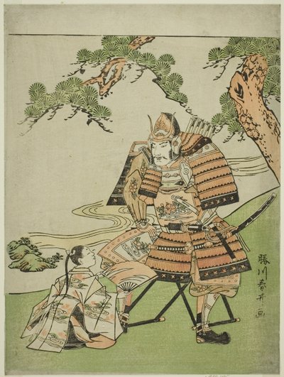 O guerreiro Kusunoki Masashige (1294-1336) despedindo-se do seu filho Masatsura, c.1780 (xilogravura a cores; chuban) de Katsukawa Shunsei