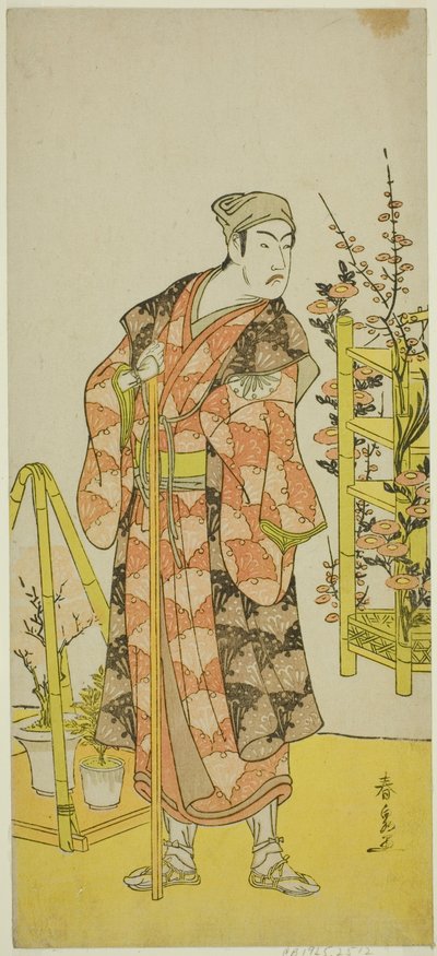 O ator Matsumoto Koshiro IV como o vendedor de plantas Awashima no Yonosuke na peça Mukashi Otoko Yuki no Hinagata, apresentada no Teatro Ichimura no décimo primeiro mês de 1781 de Katsukawa Shunsen