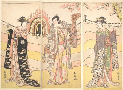 Três atores em belos trajes realizando uma dança religiosa, ca. 1785. de Katsukawa Shunsen