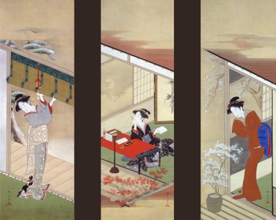 Mulheres nas temporadas de neve, lua e flor de Katsukawa Shunsho