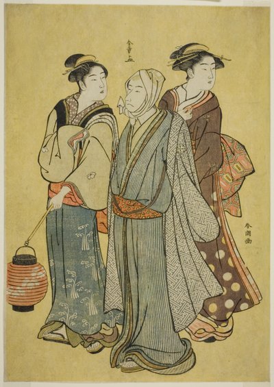 Um jovem vestido como um ator da família Ichikawa (por Shunsho), uma empregada doméstica e uma gueixa (por Shuncho) de Katsukawa Shunsho