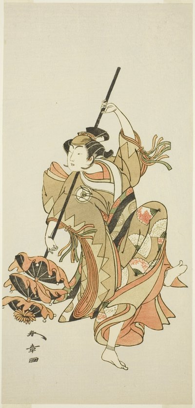 O ator Iwai Hanshiro IV executa a dança do guarda-chuva triplo em “Flower of Japan: Ono no Komachi’s Five Characters” (“Kuni no Hana Ono no Itsumoji”) de Katsukawa Shunsho