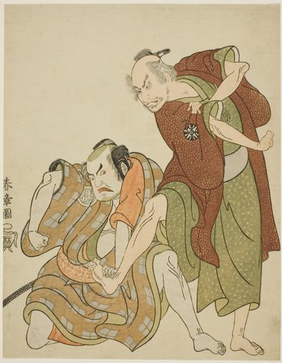 Atores interpretando os papéis de Giheiji e seu genro, Danshichi Kurobei de Katsukawa Shunsho