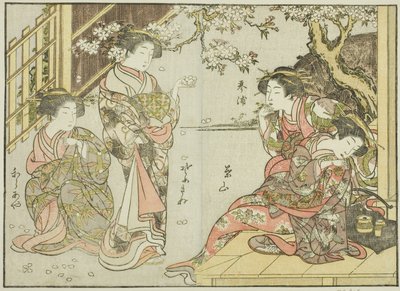 Cortesãs do Asahimaruya, do livro "Espelho de Belas Mulheres dos Bairros do Prazer (Seiro bijin awase sugata kagami)", vol. 1 de Katsukawa Shunsho