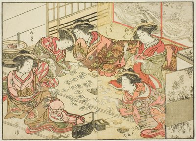 Cortesãs da Echizenya, do livro "Espelho das Belas Mulheres dos Bairros do Prazer (Seiro bijin awase sugata kagami)", vol. 2 de Katsukawa Shunsho