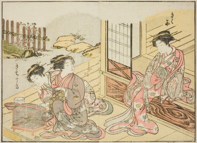 Cortesãs do Kagemanjiya, do livro "Espelho de Mulheres Bonitas dos Quartos de Prazer (Seiro bijin awase sugata kagami)", vol. 1 de Katsukawa Shunsho
