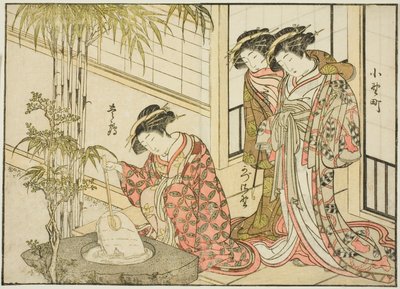 Cortesãs do Maruya, do livro "Espelho de Belas Mulheres dos Bairros do Prazer (Seiro bijin awase sugata kagami)", vol. 2 de Katsukawa Shunsho