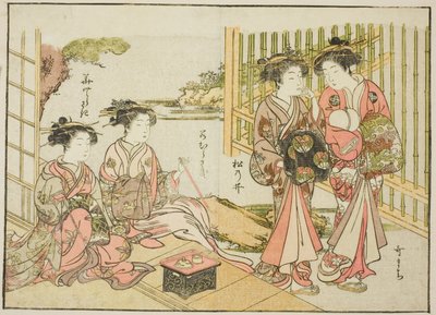 Cortesãs do Matsubaya, do livro "Espelho de Belas Mulheres dos Bairros do Prazer (Seiro bijin awase sugata kagami)", vol. 1 de Katsukawa Shunsho