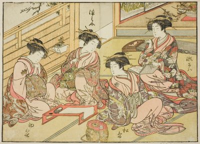Cortesãs do Matsubaya, do livro "Espelho das Belas Mulheres dos Bairros do Prazer (Seiro bijin awase sugata kagami)", vol. 1 de Katsukawa Shunsho