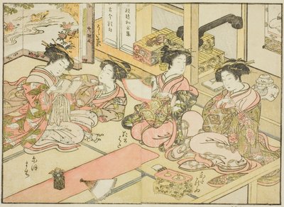 Cortesãs do Ogiya, do livro "Espelho das Belas Mulheres dos Bairros do Prazer (Seiro bijin awase sugata kagami)", vol. 1 de Katsukawa Shunsho