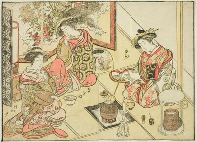 Cortesãs da Okaneya, do livro "Espelho de Belas Mulheres dos Bairros do Prazer (Seiro bijin awase sugata kagami)", vol. 2 de Katsukawa Shunsho