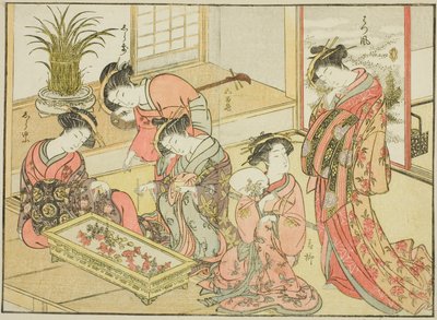 Cortesãs de Wakanaya, do livro "Espelho de Belas Mulheres dos Bairros do Prazer (Seiro bijin awase sugata kagami)", vol. 1 de Katsukawa Shunsho