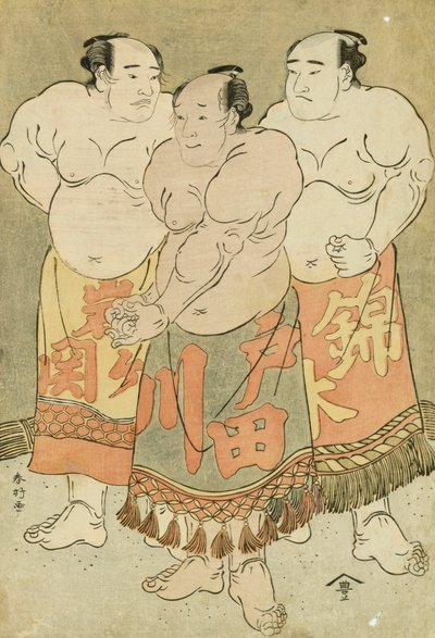 Retratos dos lutadores Nishikigi, Todagawa e Iwagaseki a todo o comprimento que se apresentam no Anel (impressão a cores de bloco de madeira) de Katsukawa Shunsho