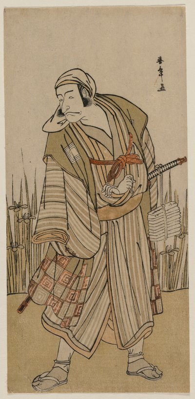 Ichikawa Danjuro V como um viajante ao lado de um aglomerado de íris de Katsukawa Shunsho