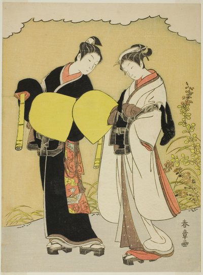 Amantes vestidos como monges Komuso em uma paisagem de outono de Katsukawa Shunsho
