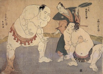 Onagawa Kisaburo e Tanikaze Kajinosuke executam o Shiriki no Dohyo, arbitrado por Kimura Shonosuke de Katsukawa Shunsho