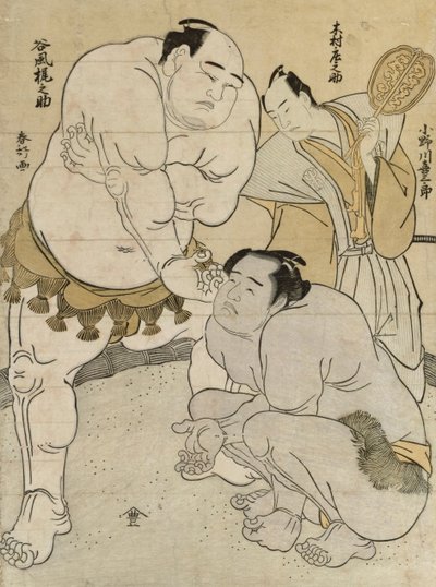 Preparativos para a partida entre Onagawa Kisaburo e Tanikaze Kajinosuke, apitado por Kimura Shonosuke (impressão em bloco de madeira a cores) de Katsukawa Shunsho
