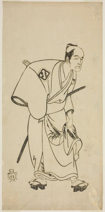 O ator Arashi Otohachi I como Hotei Ichiemon na peça Ayatsuri Kabuki Ogi, apresentada no Teatro Nakamura no Sétimo Mês, 1768 de Katsukawa Shunsho