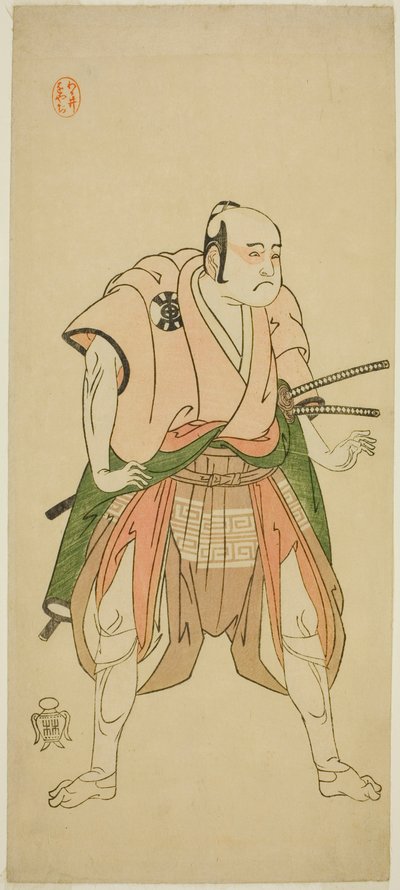 O Ator Bando Sampachi I como Yawata no Saburo (?) na Peça Shuen Soga Omugaeshi (?), Realizada no Teatro Ichimura (?) no Segundo Mês, 1768 (?) de Katsukawa Shunsho