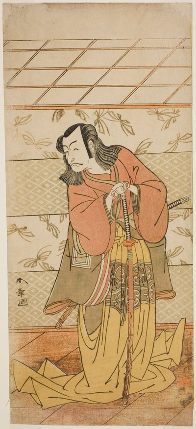O ator Ichikawa Danjuro V como Ashiya Doman na peça Kikyo-zome Onna Urakata, apresentada no Teatro Morita no Sétimo Mês, 1776 de Katsukawa Shunsho