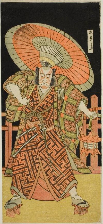 O ator Ichikawa Danjuro V como Kazusa no Gorobei Tadamitsu na peça Kitekaeru Nishiki no Wakayaka, apresentada no Teatro Nakamura no décimo primeiro mês de 1780 de Katsukawa Shunsho