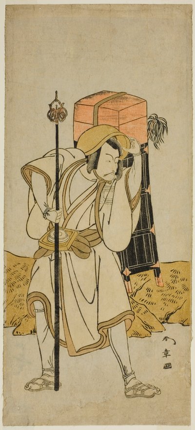 O ator Ichikawa Danjuro V como Moriya no Daijin disfarçado de Rokuju-rokubu na peça Miya-bashira Iwao no Butai, apresentada no Teatro Morita no Sétimo Mês, 1773 de Katsukawa Shunsho