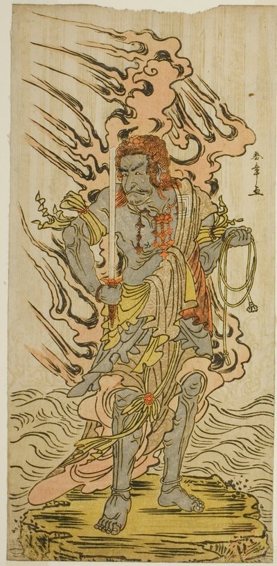 O ator Ichikawa Danjuro V como uma imagem de pedra de Fudo Myoo na peça Kitekaeru Nishiki no Wakayaka, apresentada no Teatro Nakamura no décimo primeiro mês de 1780 de Katsukawa Shunsho