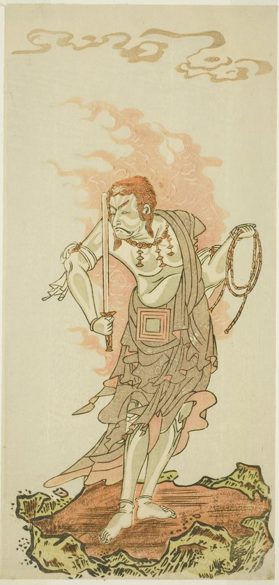 O ator Ichikawa Danjuro V como a divindade budista Fudo na cena final da primeira parte da peça Fuki Kaete Tsuki mo Yoshiwara (Rethatched Roof: The Moon also Shines Over the Yoshiwara Pleasure District), apresentada no Teatro Morita da Primeira de Katsukawa Shunsho