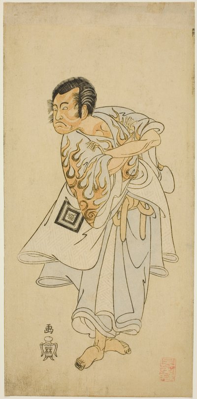 O ator Ichikawa Danzo III como o santo eremita Narukami na peça "Narukami", realizada com "Miyakodori Azuma Komachi (Pássaro da Capital: Komachi do Oriente)" no Teatro Morita no terceiro mês de 1768 de Katsukawa Shunsho
