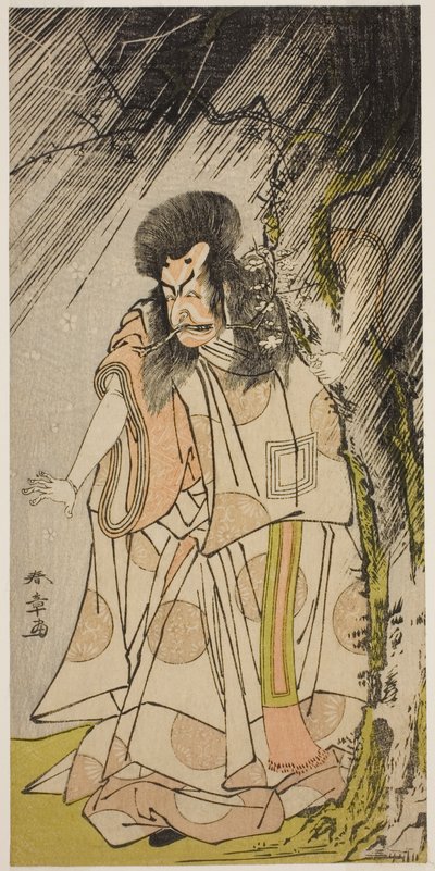 O ator Ichikawa Ebizo III como o deus do trovão, uma encarnação de Sugawara Michizane, na peça Sugawara Denju Tenarai Kagami, apresentada no Teatro Ichimura no oitavo mês de 1776 de Katsukawa Shunsho