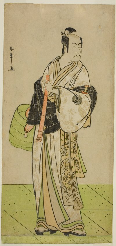 O ator Ichikawa Ebizo como Kudo Suketsune disfarçado de Komuso na peça Waka Murasaki Edokko Soga, apresentada no Teatro Ichimura no primeiro mês de 1792 de Katsukawa Shunsho