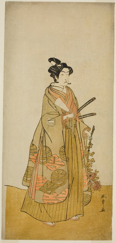 O ator Ichikawa Monnosuke II como Kichisaburo, Pajem do Templo de Kichijo-ji, na peça Sono Kyodai Fuji no Sugatami, apresentada no Teatro Morita no segundo mês, 1776 de Katsukawa Shunsho