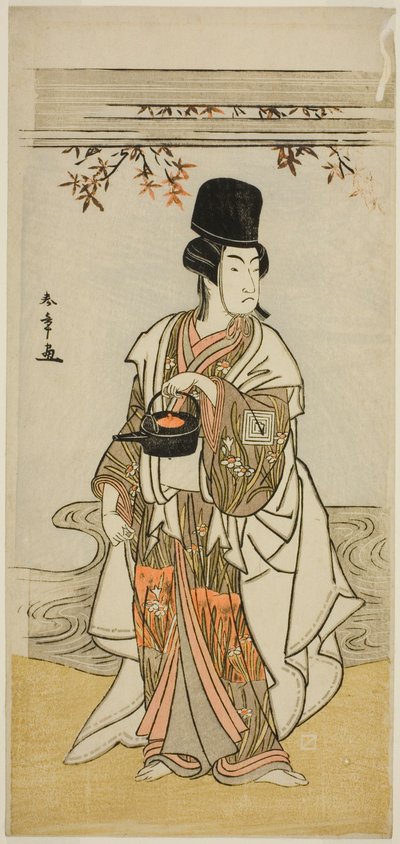 O ator Ichikawa Monnosuke II como o servo da corte Shoheida Sadamori na peça Masakado Kammuri no Hatsuyuki, apresentada no Teatro Nakamura no décimo primeiro mês de 1777 de Katsukawa Shunsho