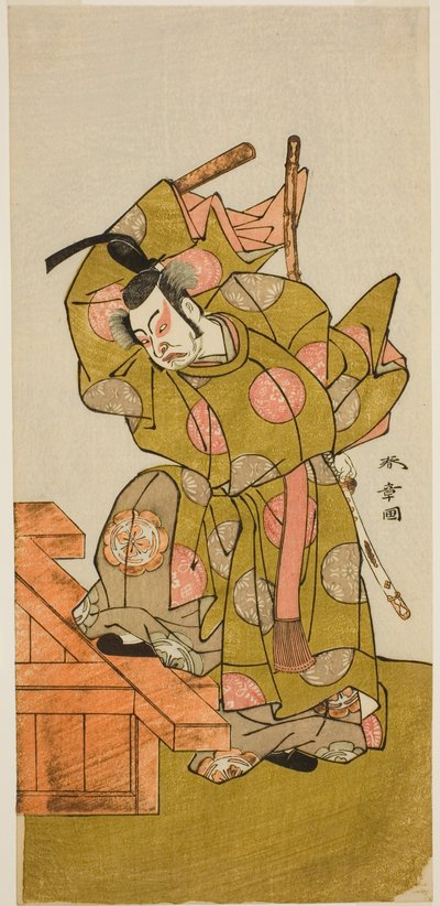 Acompanhado por Uzaemon Ichimura, Doutor X Como o assistente mestre negro Te Pay O mestre negro de flores e neve na forma de Perfor Med em Te Ichimura Te Venth Gate th, 1776 de Katsukawa Shunsho