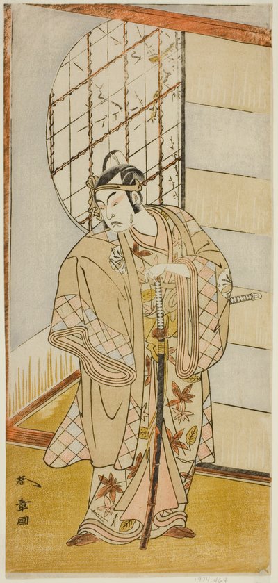 O ator Matsumoto Koshiro IV como Matsuo-maru na peça Sugawara Denju Tenarai Kagami, realizada no Teatro Nakamura no nono mês de 1773 de Katsukawa Shunsho